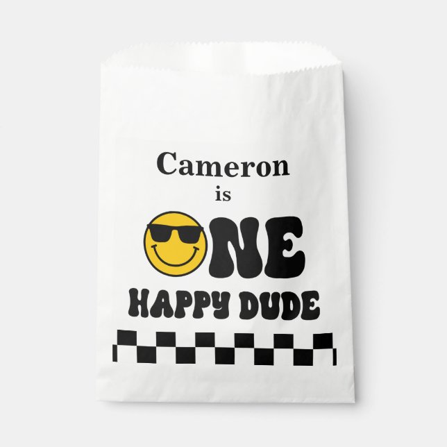 Black White Yellow One Happy Dude 1st Birthday Favour Bags (Front)