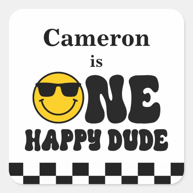 Black White Yellow One Happy Dude 1st Birthday Square Sticker (Front)