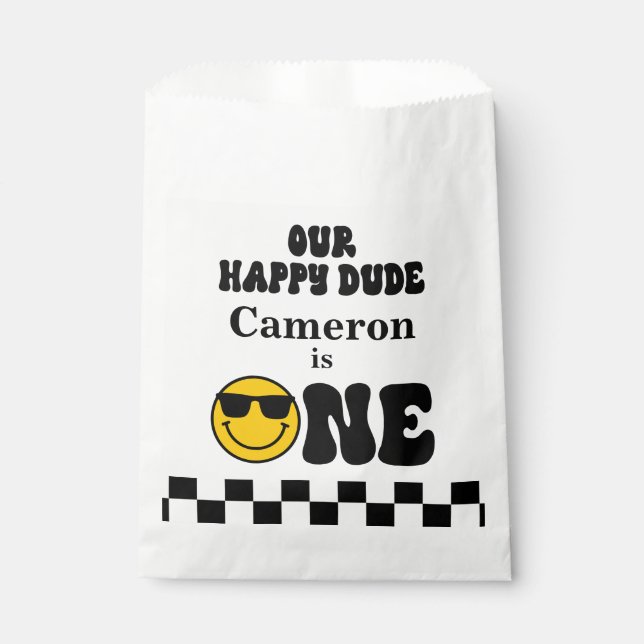 Black White Yellow Our Happy Dude 1st Birthday Favour Bags (Front)