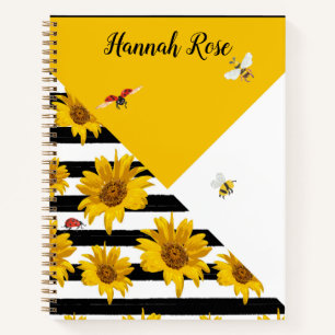 Black White Yellow Sunflowers Bees Ladybugs Notebook