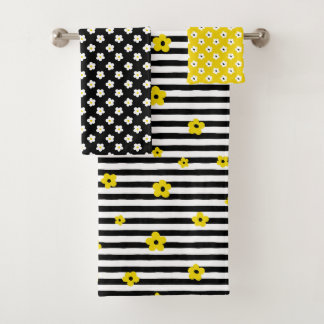 BLACK WHITE YELLOW TINY FLOWERS & STRIPES BATH TOWEL SET