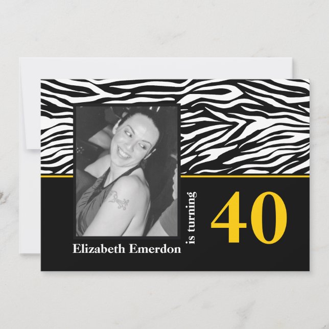 Black white yellow zebra print 40th birthday photo invitation (Front)