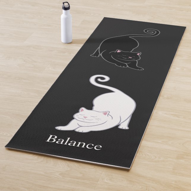 Black & White Yoga Cats on Almost Black Yoga Mat (In Situ)