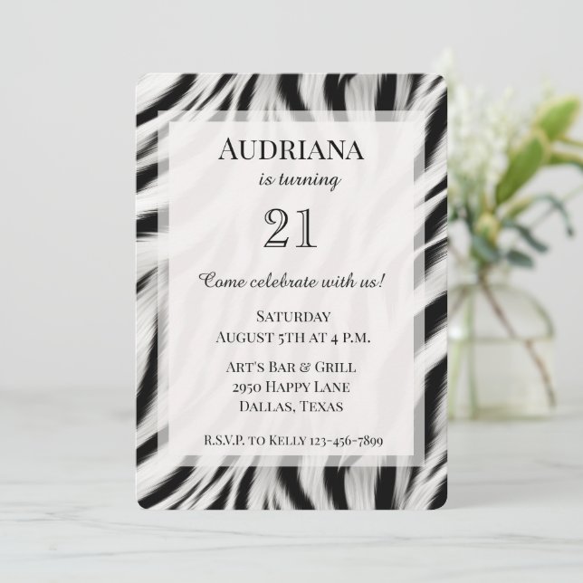 Black White Zebra Animal Print Birthday Invitation (Standing Front)