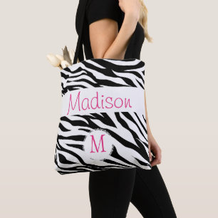 Black White Zebra Animal Print Initial Monogram Tote Bag