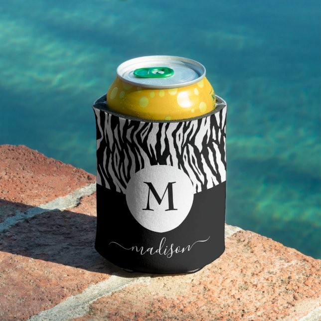 Black White Zebra Animal Print Monogram Name Chic Can Cooler (In Situ Pool)
