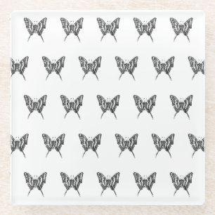 Black & White Zebra Butterfly Ink Drawing Pattern Glass Coaster