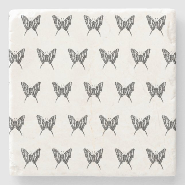 Black & White Zebra Butterfly Ink Drawing Pattern Stone Coaster (Front)