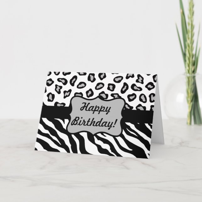 Black & White Zebra & Cheeta Skin Happy Birthday Card (Front)