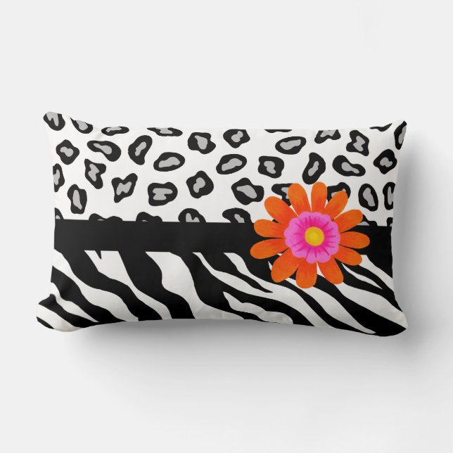Black & White Zebra & Cheetah Skin & Orange Flower Lumbar Cushion (Front)