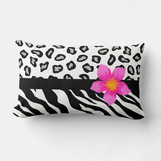 Black & White Zebra & Cheetah Skin & Pink Flower Lumbar Cushion (Front)