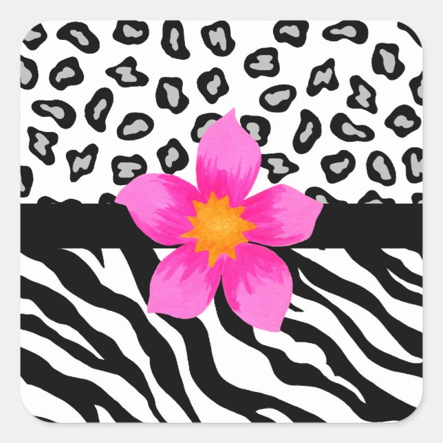 Black & White Zebra & Cheetah Skin & Pink Flower Square Sticker (Front)