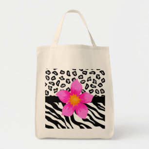 Black & White Zebra & Cheetah Skin & Pink Flower Tote Bag