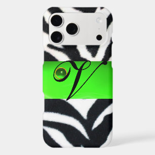 BLACK WHITE ZEBRA FUR EMERALD GREEN GEM MONOGRAM,