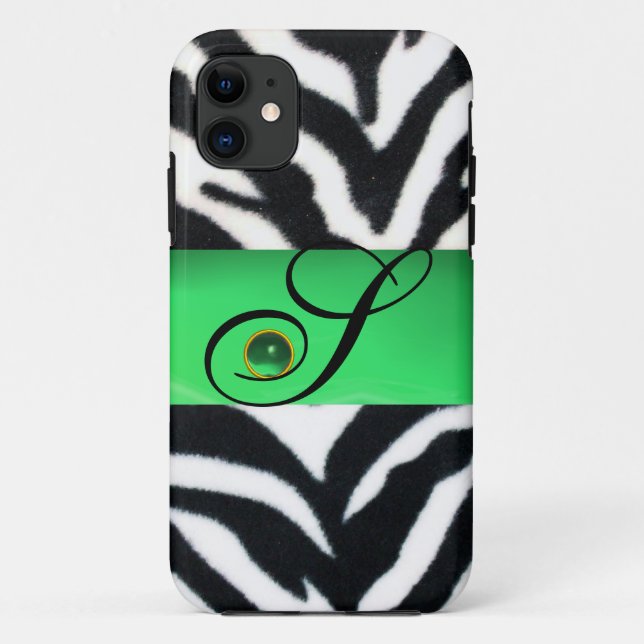 BLACK WHITE ZEBRA FUR EMERALD GREEN GEM MONOGRAM, Case-Mate iPhone CASE (Back)