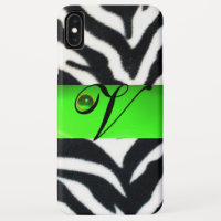 BLACK WHITE ZEBRA FUR EMERALD GREEN GEM MONOGRAM,