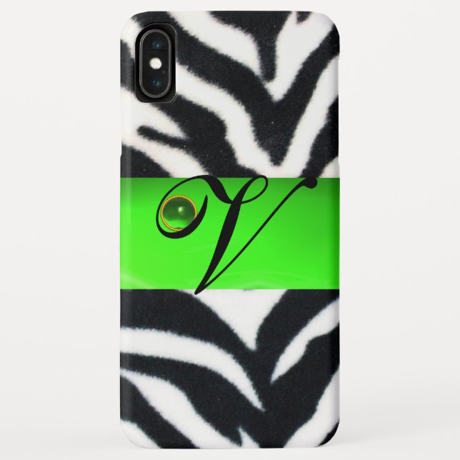 BLACK WHITE ZEBRA FUR EMERALD GREEN GEM MONOGRAM, Case-Mate iPhone CASE (Back)