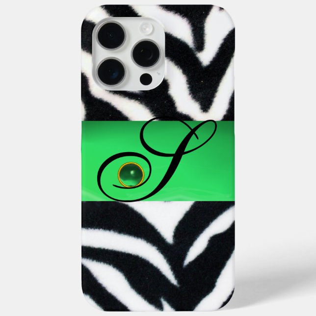 BLACK WHITE ZEBRA FUR EMERALD GREEN GEM MONOGRAM Case-Mate iPhone CASE (Back)