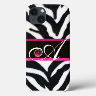 BLACK WHITE ZEBRA FUR FUCHSIA  PINK GEM MONOGRAM, iPhone 13 CASE