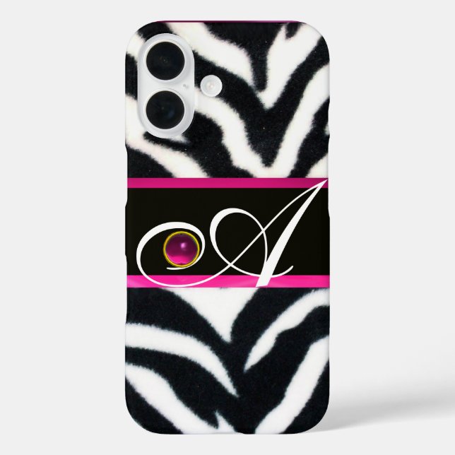 BLACK WHITE ZEBRA FUR FUCHSIA  PINK GEM MONOGRAM, Case-Mate iPhone CASE (Back)