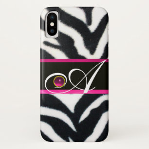 BLACK WHITE ZEBRA FUR FUCHSIA  PINK GEM MONOGRAM, iPhone X CASE