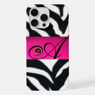 BLACK WHITE ZEBRA FUR FUCHSIA PINK GEM MONOGRAM, iPhone 15 PRO MAX CASE