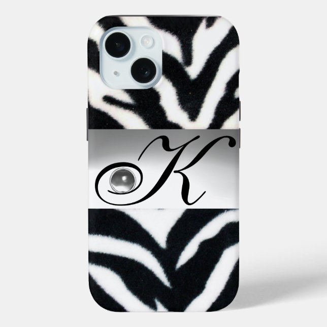 BLACK WHITE ZEBRA FUR GREY GEM MONOGRAM, Case-Mate iPhone CASE (Back)