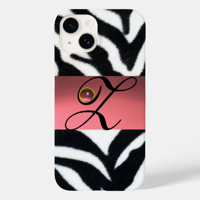 BLACK WHITE ZEBRA FUR  PINK GEM MONOGRAM, Case-Mate iPhone CASE (Back)