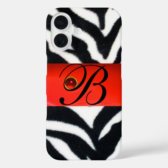 BLACK WHITE ZEBRA FUR  RED  GEM MONOGRAM, Case-Mate iPhone CASE (Back)