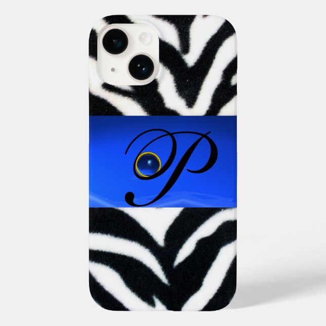 BLACK WHITE ZEBRA FUR SAPPHIRE  BLUE GEM MONOGRAM, Case-Mate iPhone CASE (Back)