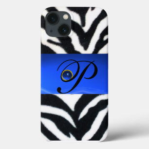 BLACK WHITE ZEBRA FUR SAPPHIRE  BLUE GEM MONOGRAM, iPhone 13 CASE