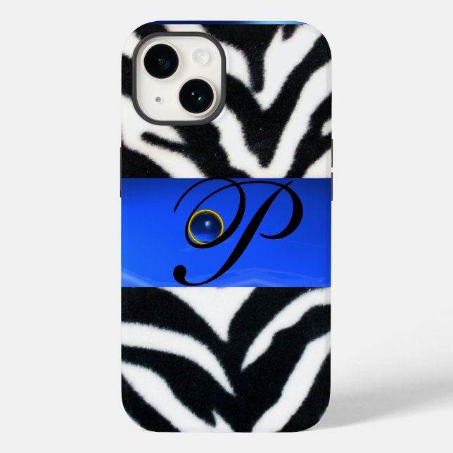 BLACK WHITE ZEBRA FUR SAPPHIRE  BLUE GEM MONOGRAM, Case-Mate iPhone CASE (Back)