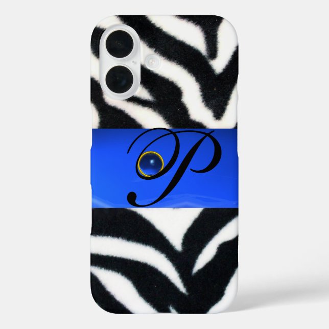 BLACK WHITE ZEBRA FUR SAPPHIRE  BLUE GEM MONOGRAM, Case-Mate iPhone CASE (Back)