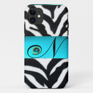 BLACK WHITE ZEBRA FUR TEAL AQUA BLUE GEM MONOGRAM, iPhone 11 CASE