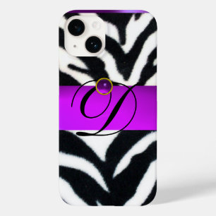 BLACK WHITE ZEBRA FUR VIOLET PURPLE GEM MONOGRAM, Case-Mate iPhone 14 CASE