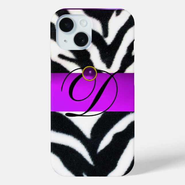 BLACK WHITE ZEBRA FUR VIOLET PURPLE GEM MONOGRAM, Case-Mate iPhone CASE (Back)