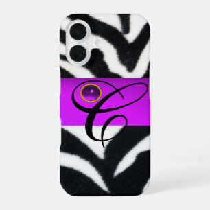 BLACK WHITE ZEBRA FUR VIOLET PURPLE GEM MONOGRAM, iPhone 16 CASE