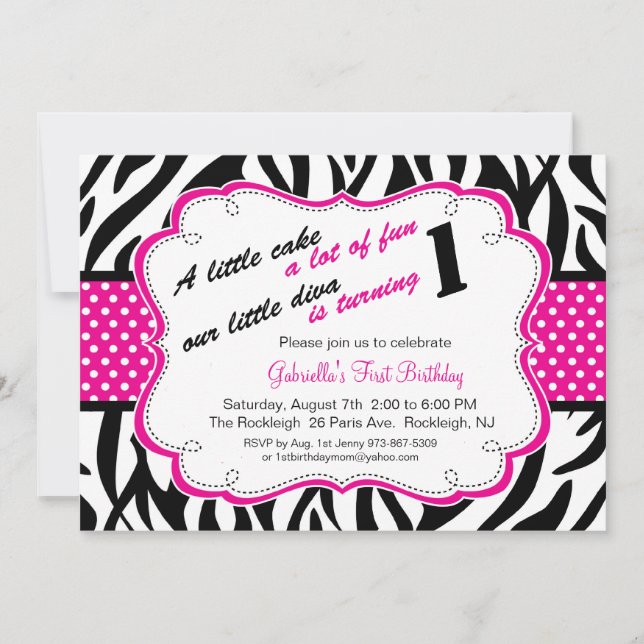 Black & White Zebra Girls First Birthday Invite (Front)