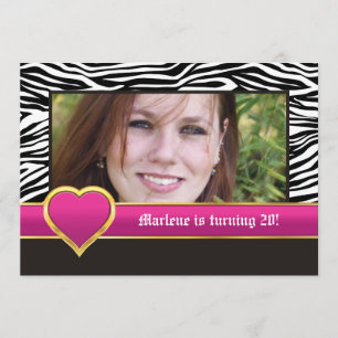 Black white zebra & heart 20th birthday photo invitation
