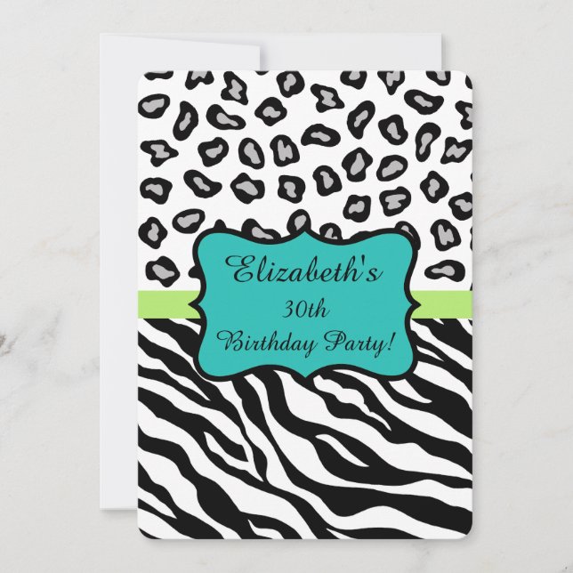 Black White Zebra Leopard Skin 30th Birthday Party Invitation (Front)