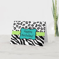 Black & White Zebra & Leopard Skin Birthday Card