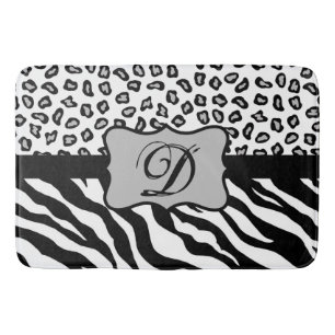 Black White Zebra Leopard Skin Monogram Bath Mat