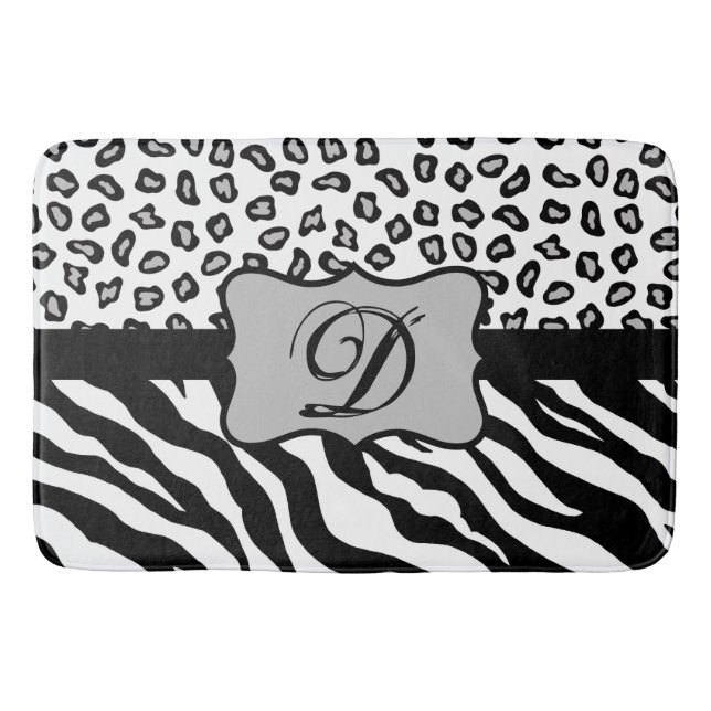 Black White Zebra Leopard Skin Monogram Bath Mat (Front)