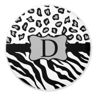 Black White Zebra Leopard Skin Monogram Ceramic Knob