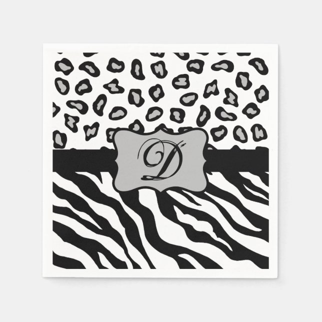 Black White Zebra Leopard Skin Monogram Napkin (Front)