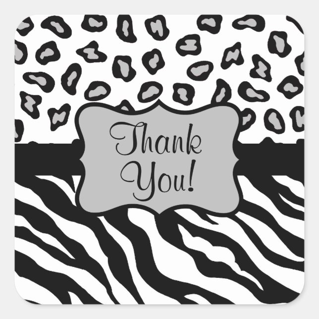 Black White Zebra Leopard Skin Thank You Square Sticker (Front)