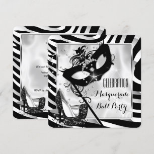 Black White Zebra Masquerade Ball Party 2 Invitation