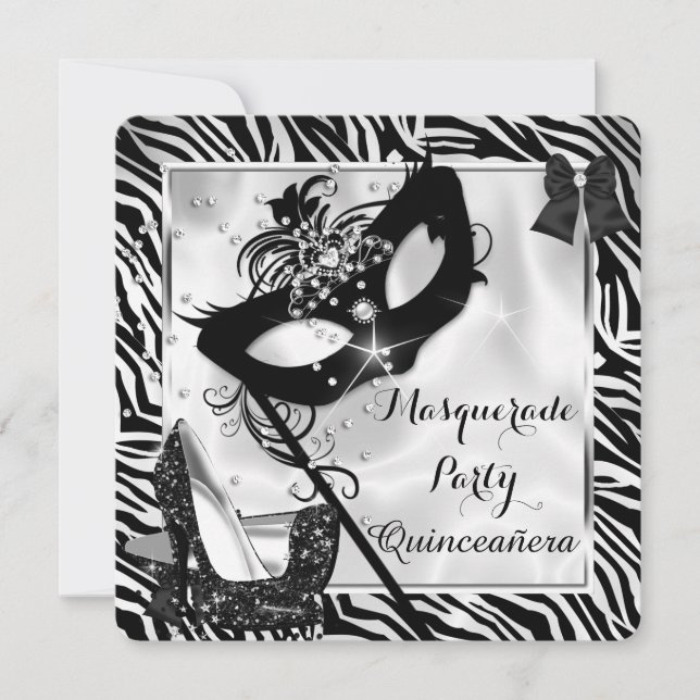 Black White Zebra Masquerade Quinceanera High Heel Invitation (Front)