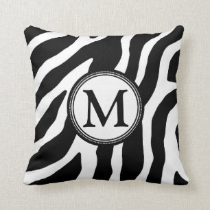 Black White Zebra Monogram Decorative Pillow