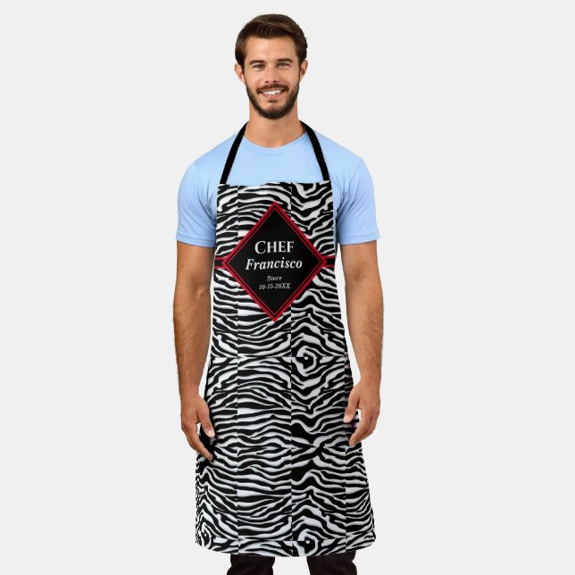  Black White Zebra Pattern Chef Personalise  Apron (Worn)